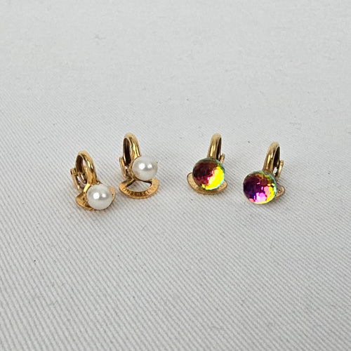 Vintage Patented Aurora Borealis & Faux Pearl Clip On Earrings Gold Tone AB Crystal