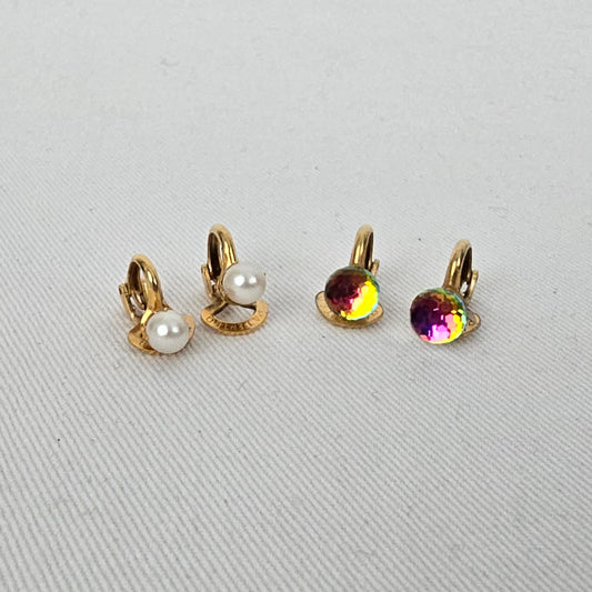 Vintage Patented Aurora Borealis & Faux Pearl Clip On Earrings Gold Tone AB Crystal