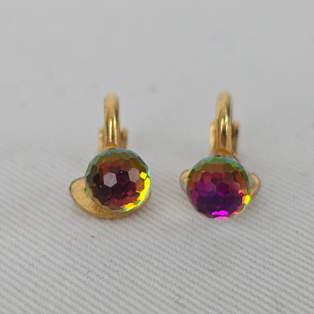 Vintage Patented Aurora Borealis & Faux Pearl Clip On Earrings Gold Tone AB Crystal