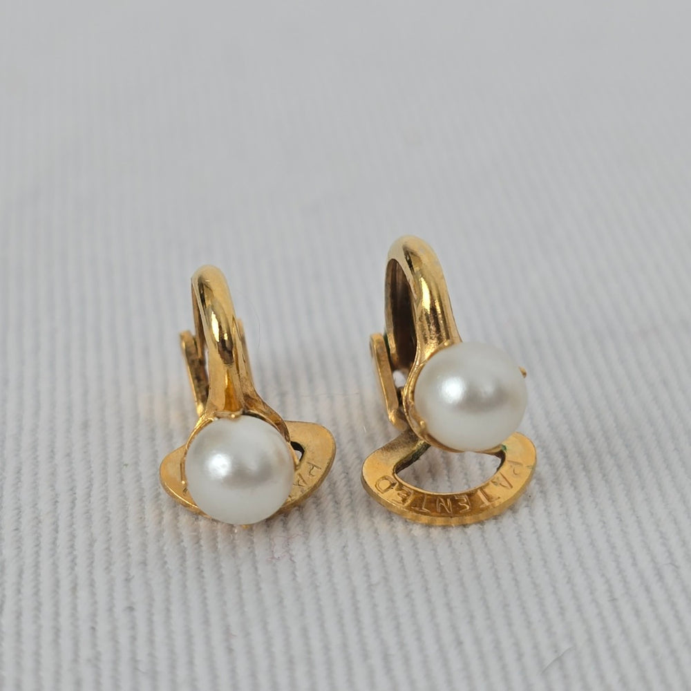 Vintage Patented Aurora Borealis & Faux Pearl Clip On Earrings Gold Tone AB Crystal