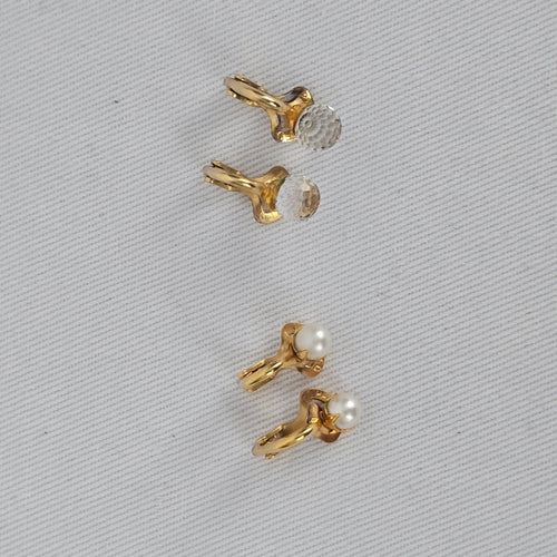 Vintage Patented Aurora Borealis & Faux Pearl Clip On Earrings Gold Tone AB Crystal