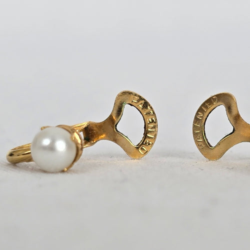 Vintage Patented Aurora Borealis & Faux Pearl Clip On Earrings Gold Tone AB Crystal