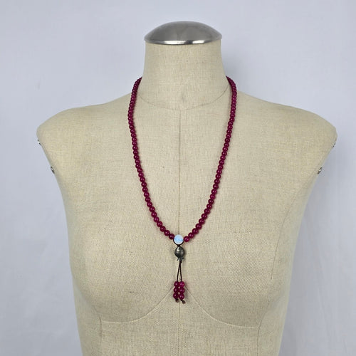 Vintage Berry Red Beaded Tassel Necklace Fish Charm Boho Artisan Style