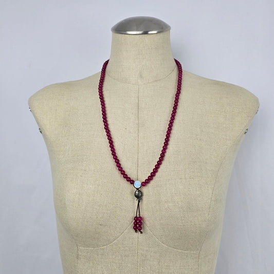 Vintage Berry Red Beaded Tassel Necklace Fish Charm Boho Artisan Style