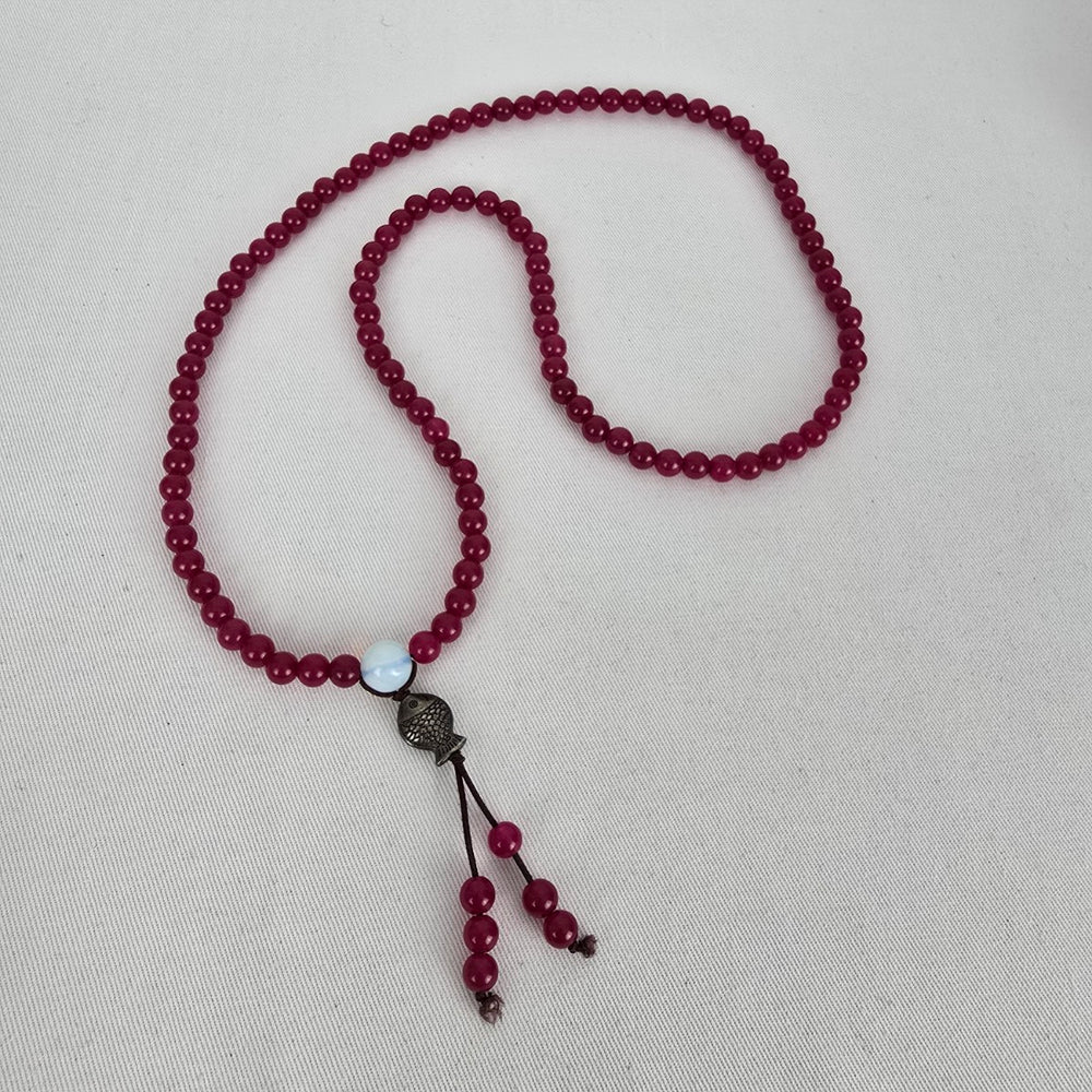 Vintage Berry Red Beaded Tassel Necklace Fish Charm Boho Artisan Style