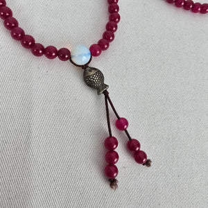 Vintage Berry Red Beaded Tassel Necklace Fish Charm Boho Artisan Style