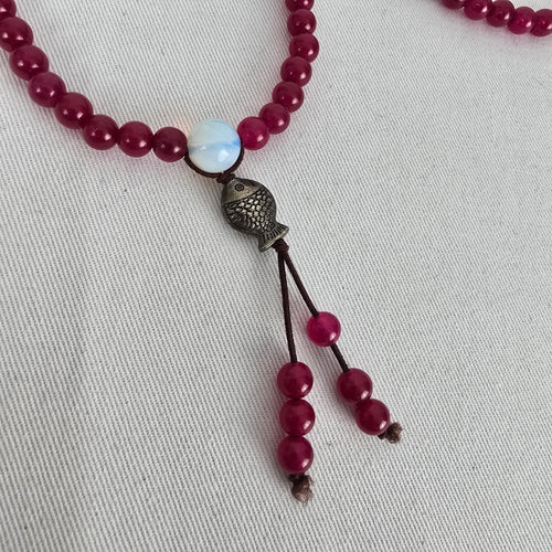 Vintage Berry Red Beaded Tassel Necklace Fish Charm Boho Artisan Style