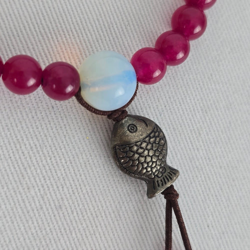 Vintage Berry Red Beaded Tassel Necklace Fish Charm Boho Artisan Style