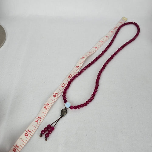 Vintage Berry Red Beaded Tassel Necklace Fish Charm Boho Artisan Style