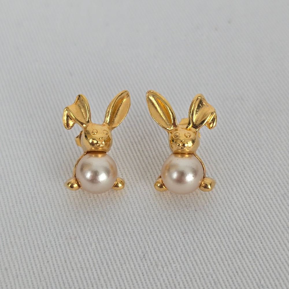 Vintage Avon Bunny Faux Pearl Earrings Gold Tone Rabbit Earrings