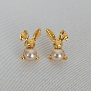 Vintage Avon Bunny Faux Pearl Earrings Gold Tone Rabbit Earrings