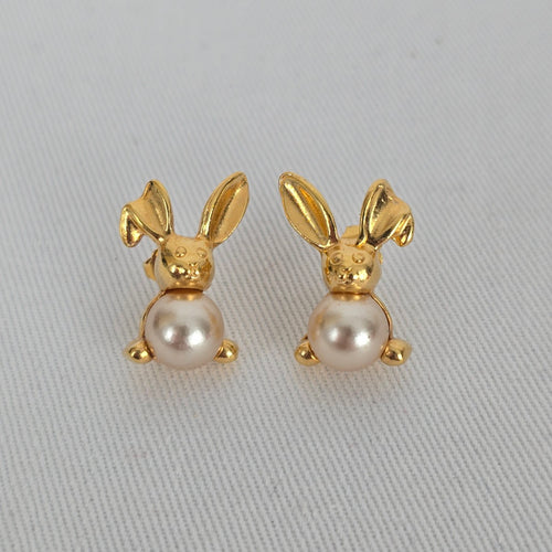 Vintage Avon Bunny Faux Pearl Earrings Gold Tone Rabbit Earrings
