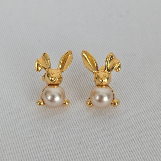 Vintage Avon Bunny Faux Pearl Earrings Gold Tone Rabbit Earrings
