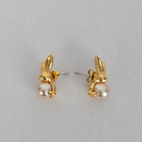 Vintage Avon Bunny Faux Pearl Earrings Gold Tone Rabbit Earrings