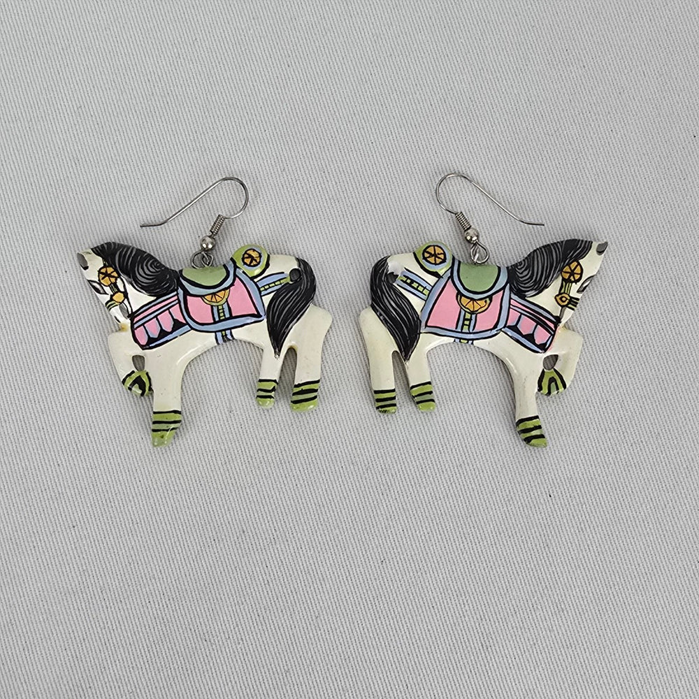 Vintage Folk Art Carousel Horse Dangle Earrings Hand Painted Statement