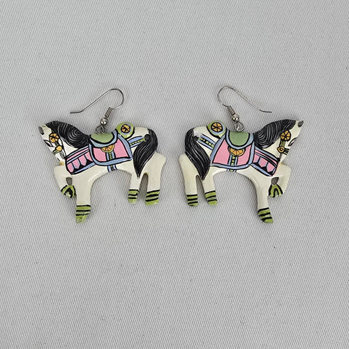 Vintage Folk Art Carousel Horse Dangle Earrings Hand Painted Statement