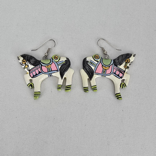 Vintage Folk Art Carousel Horse Dangle Earrings Hand Painted Statement