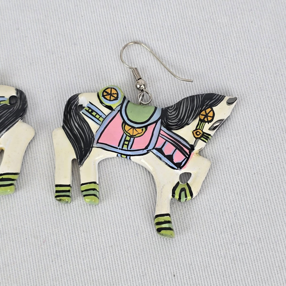 Vintage Folk Art Carousel Horse Dangle Earrings Hand Painted Statement