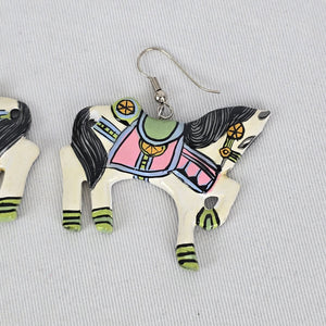 Vintage Folk Art Carousel Horse Dangle Earrings Hand Painted Statement