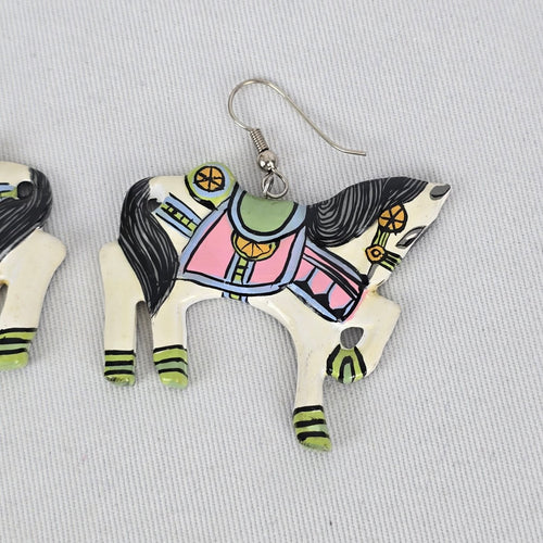 Vintage Folk Art Carousel Horse Dangle Earrings Hand Painted Statement