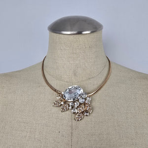 Gold Tone Crystal Statement Collar Necklace Rhinestone Leaf Bib Necklace