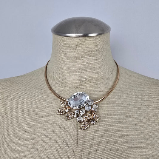 Gold Tone Crystal Statement Collar Necklace Rhinestone Leaf Bib Necklace