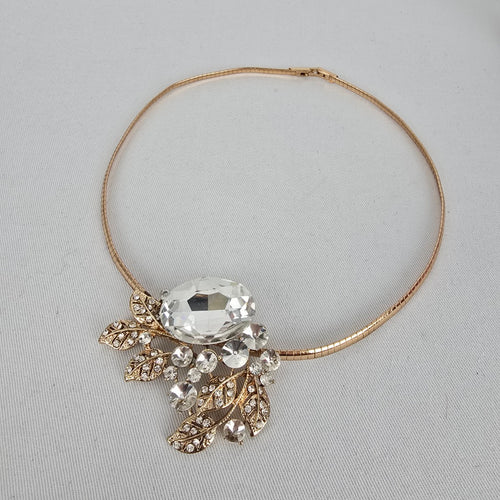 Gold Tone Crystal Statement Collar Necklace Rhinestone Leaf Bib Necklace