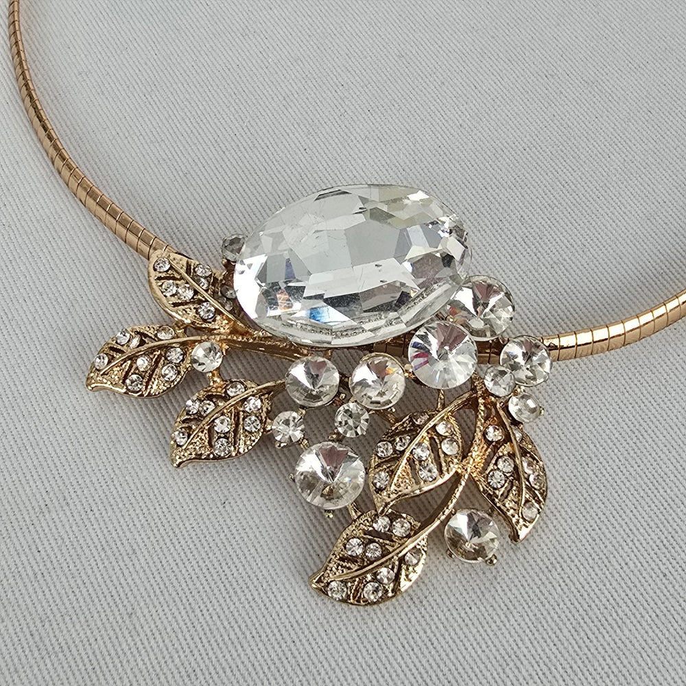 Gold Tone Crystal Statement Collar Necklace Rhinestone Leaf Bib Necklace