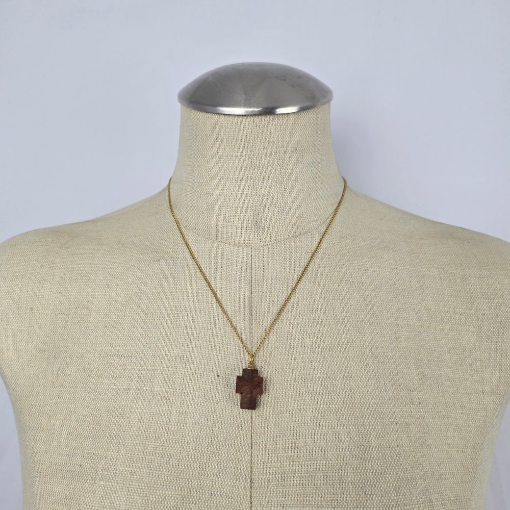 Vintage Gold Filled Chain Brown Wood Cross Pendant Necklace