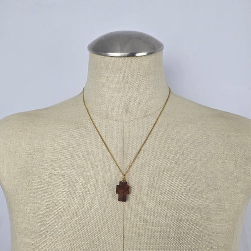 Vintage Gold Filled Chain Brown Wood Cross Pendant Necklace