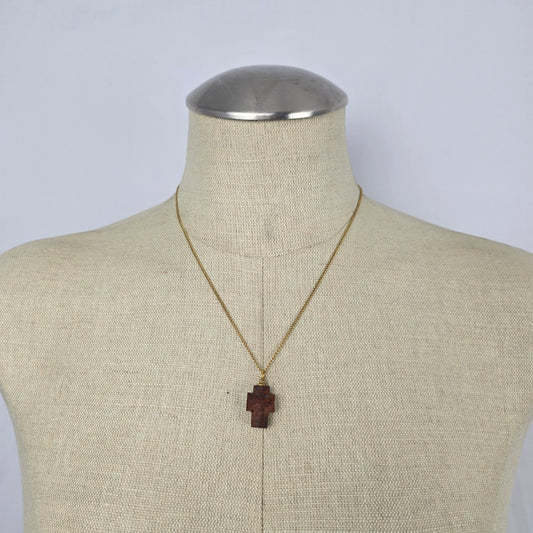 Vintage Gold Filled Chain Brown Wood Cross Pendant Necklace
