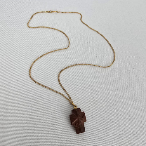Vintage Gold Filled Chain Brown Wood Cross Pendant Necklace
