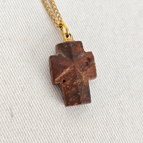 Vintage Gold Filled Chain Brown Wood Cross Pendant Necklace