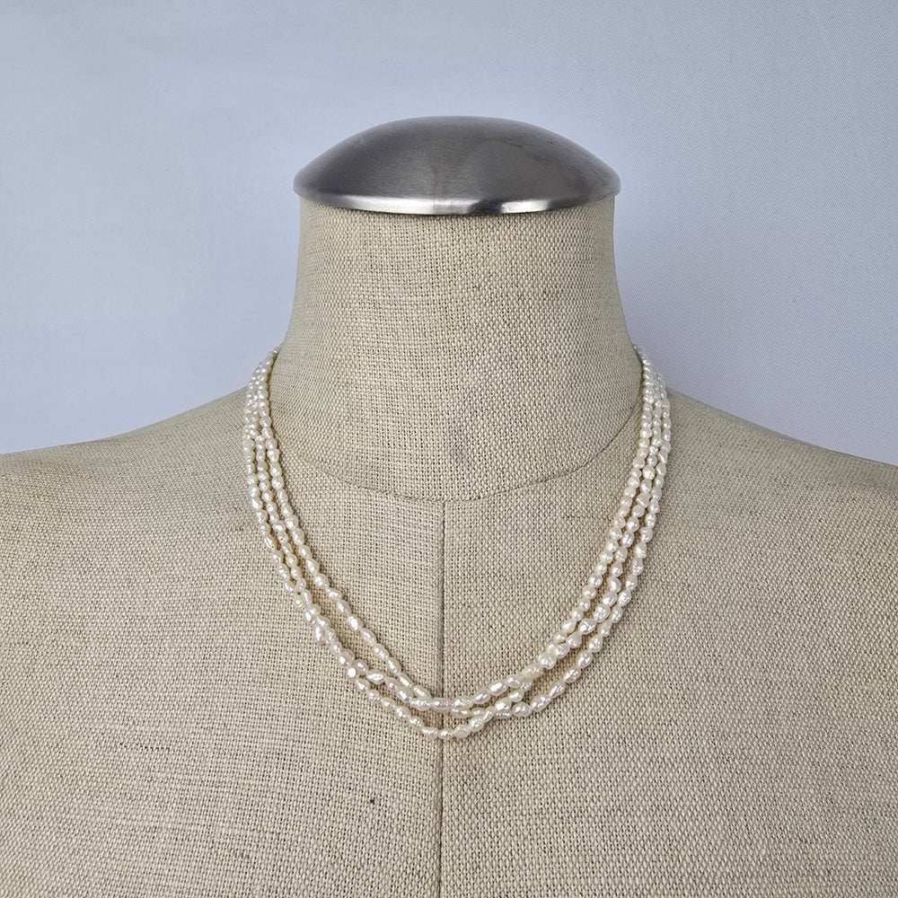 Vintage Multi Strand Freshwater Pearl Necklace Sterling Clasp