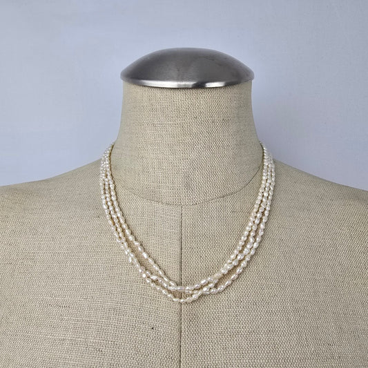 Vintage Multi Strand Freshwater Pearl Necklace Sterling Clasp