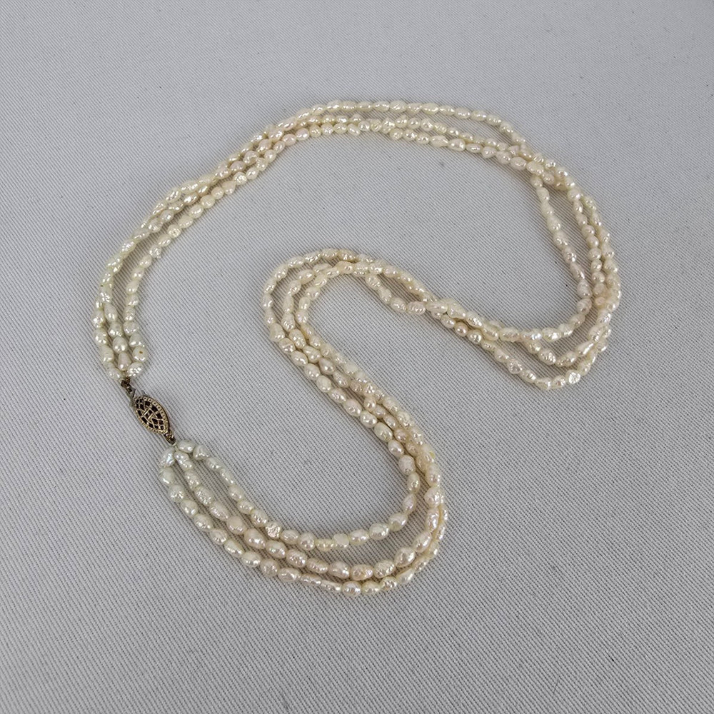 Vintage Multi Strand Freshwater Pearl Necklace Sterling Clasp