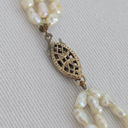 Vintage Multi Strand Freshwater Pearl Necklace Sterling Clasp