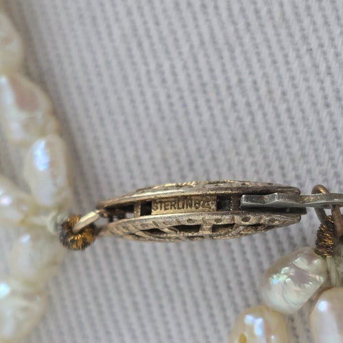 Vintage Multi Strand Freshwater Pearl Necklace Sterling Clasp
