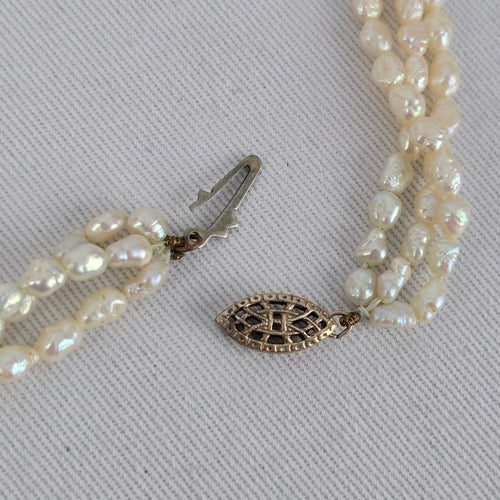 Vintage Multi Strand Freshwater Pearl Necklace Sterling Clasp
