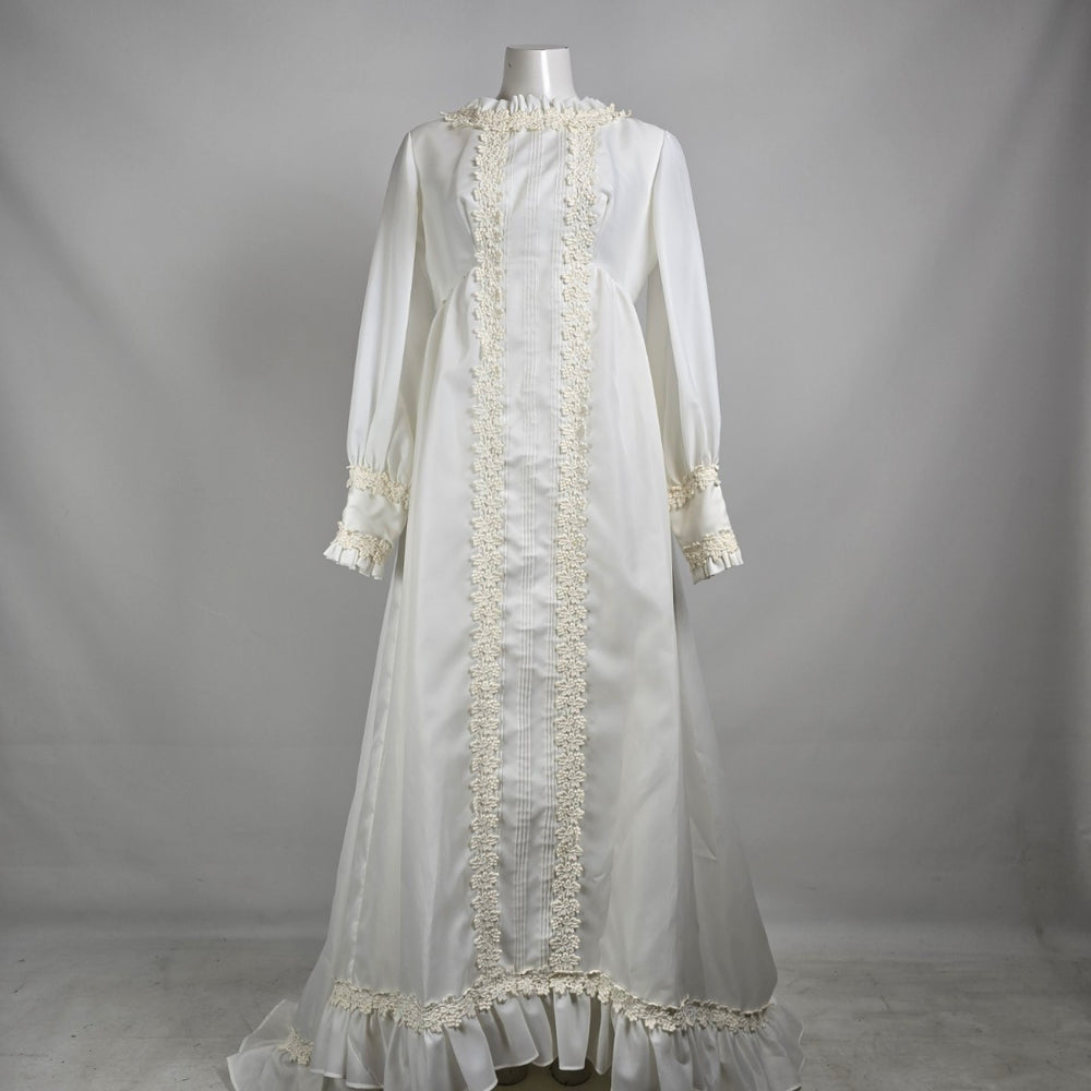 Vintage Victorian Style Wedding Dress White High Neck Lace Trim Gown Size S/M