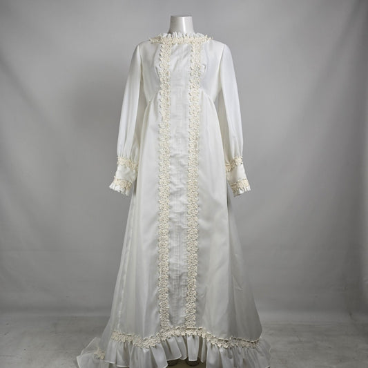 Vintage Victorian Style Wedding Dress White High Neck Lace Trim Gown Size S/M