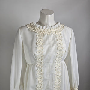 Vintage Victorian Style Wedding Dress White High Neck Lace Trim Gown Size S/M