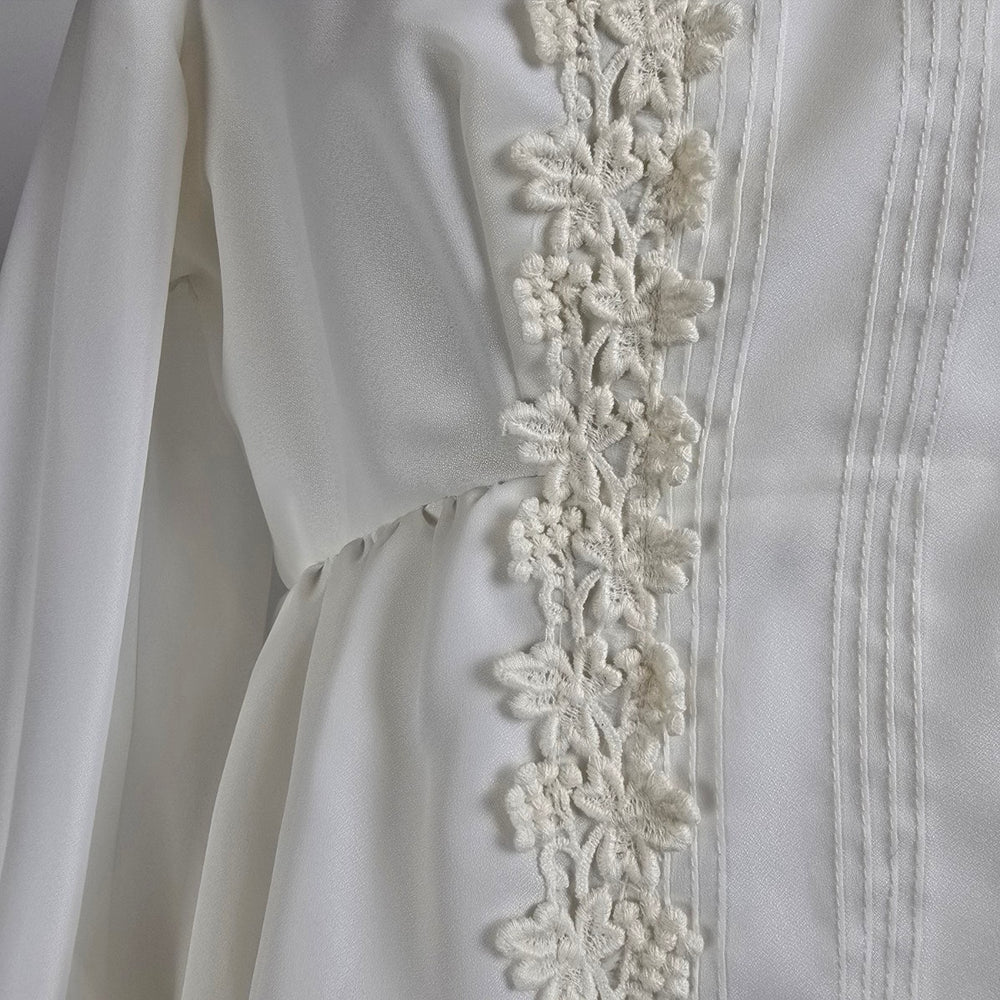 Vintage Victorian Style Wedding Dress White High Neck Lace Trim Gown Size S/M