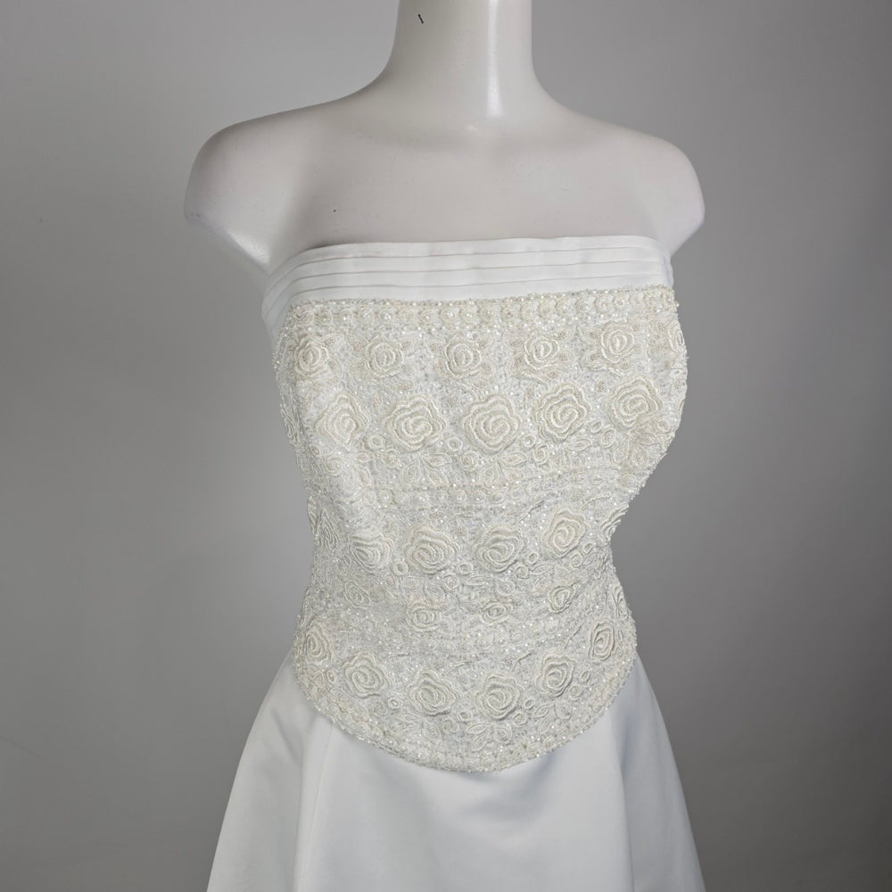 Vintage White Satin Wedding Dress Size M Strapless Corset Lace Back Bridal Gown
