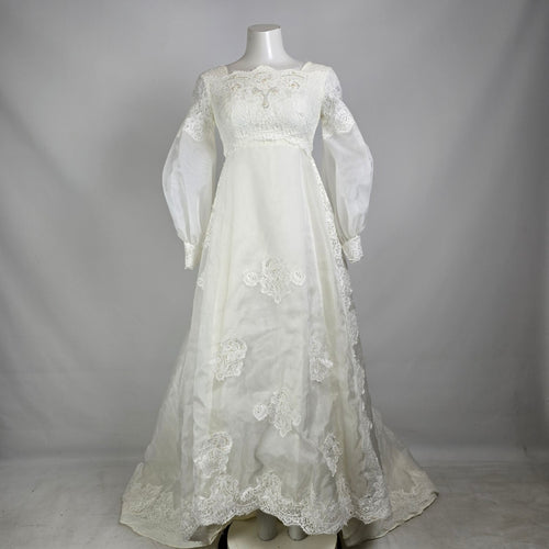 Vintage 70s Wedding Dress Size S/M White Lace Puff Sleeve Bridal Gown Fairytale Princess Dress