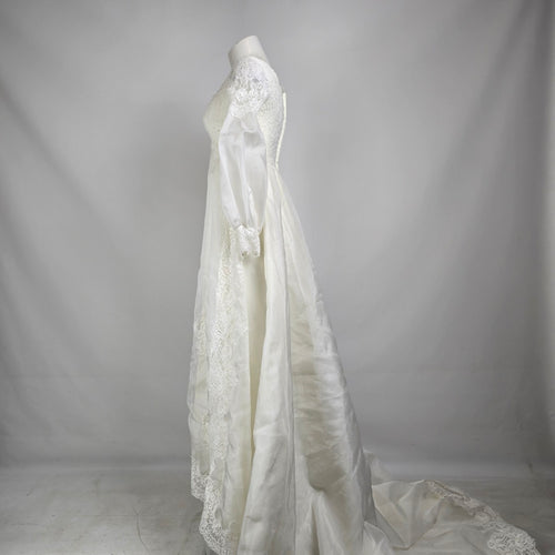 Vintage 70s Wedding Dress Size S/M White Lace Puff Sleeve Bridal Gown Fairytale Princess Dress