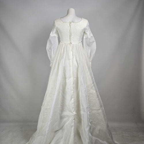 Vintage 70s Wedding Dress Size S/M White Lace Puff Sleeve Bridal Gown Fairytale Princess Dress
