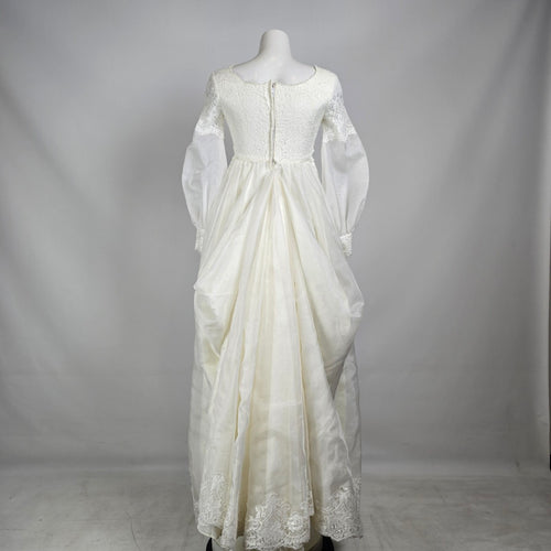 Vintage 70s Wedding Dress Size S/M White Lace Puff Sleeve Bridal Gown Fairytale Princess Dress