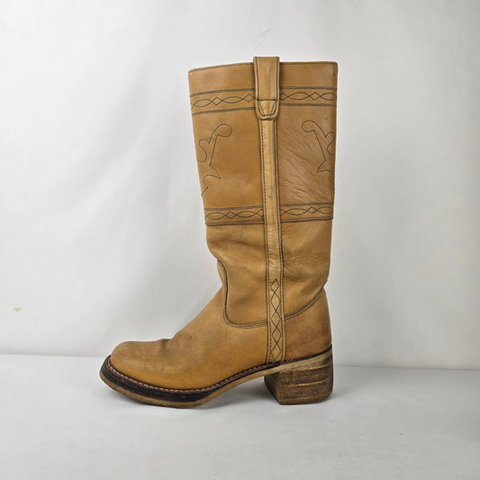 Vintage Korean Made Leather Tan Campus Boots Cowboy Boots Style Riding Boots Size 9