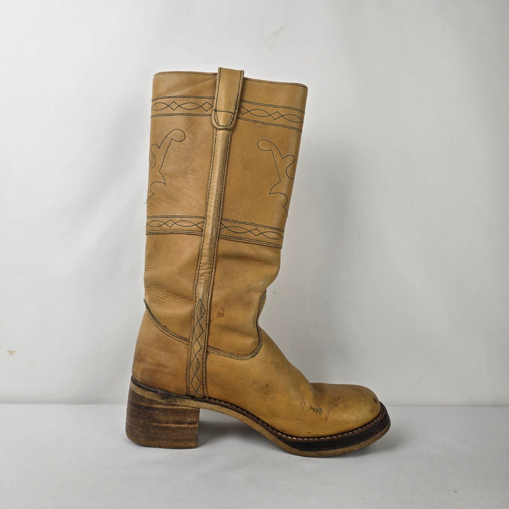 Vintage Korean Made Leather Tan Campus Boots Cowboy Boots Style Riding Boots Size 9